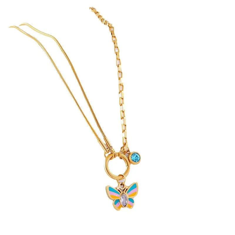 Gold epoxy butterfly jewellery set with necklace and bracelet on titanium steel snake bone chain