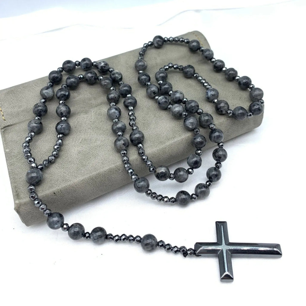 Men's stone cross pendant necklace on an 80cm ball bead chain with safety lock