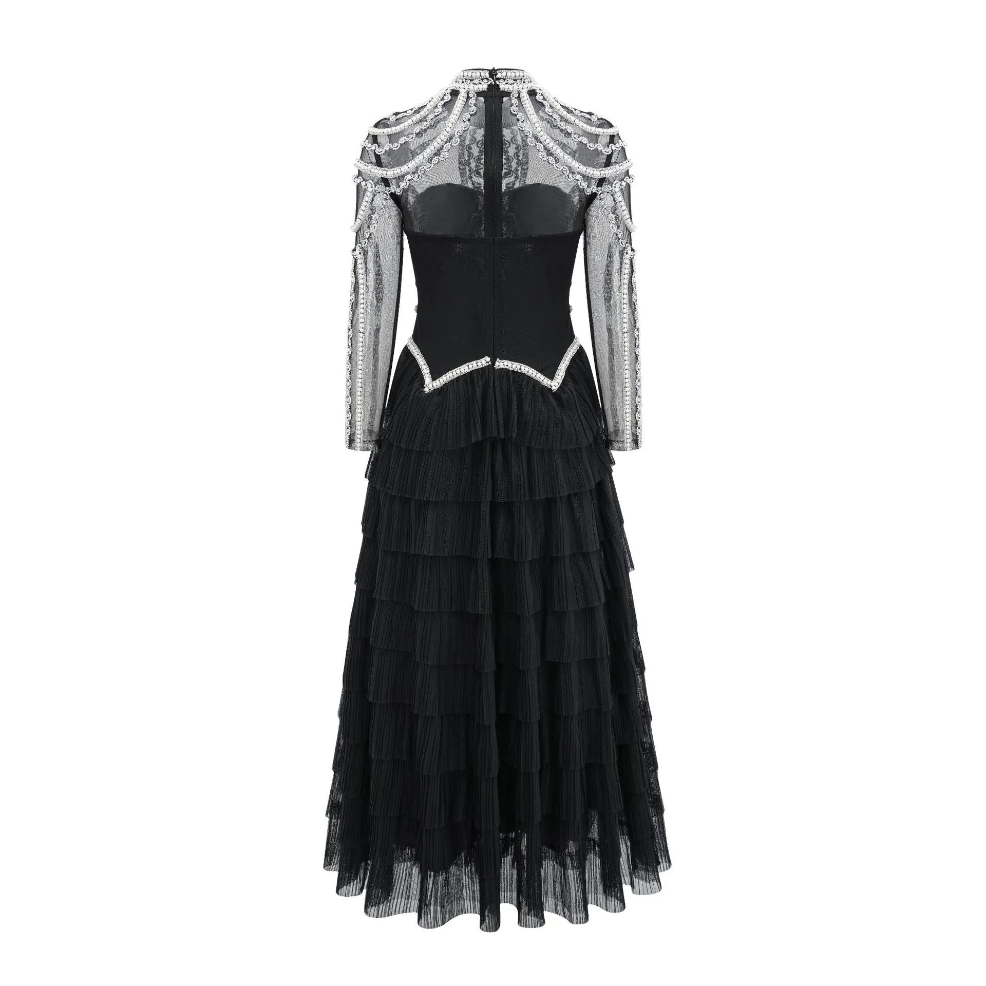 Women's long sleeve black beaded evening dress with a fitted mid waist.