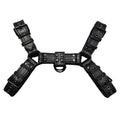 Men's black leather chest strap with metal buckles and rivets