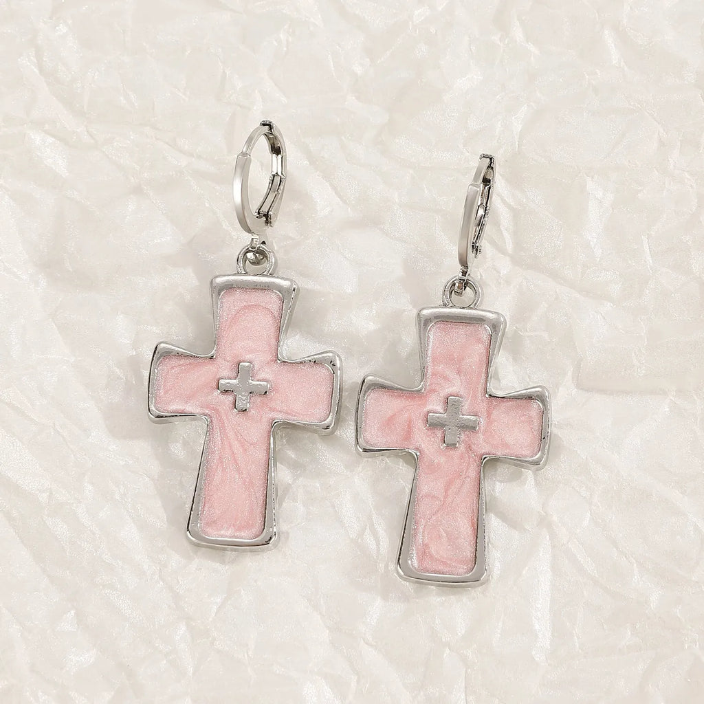 Women's alloy earrings with cross crystal designs in five colour variations including white K liquid cross and antique silver XINGX