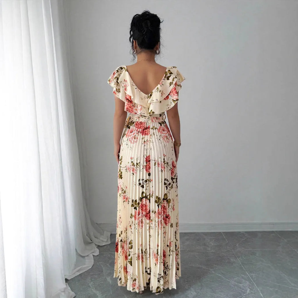 Apricot floral print V-neck dress with ruffled sleeves and oversized swing skirt