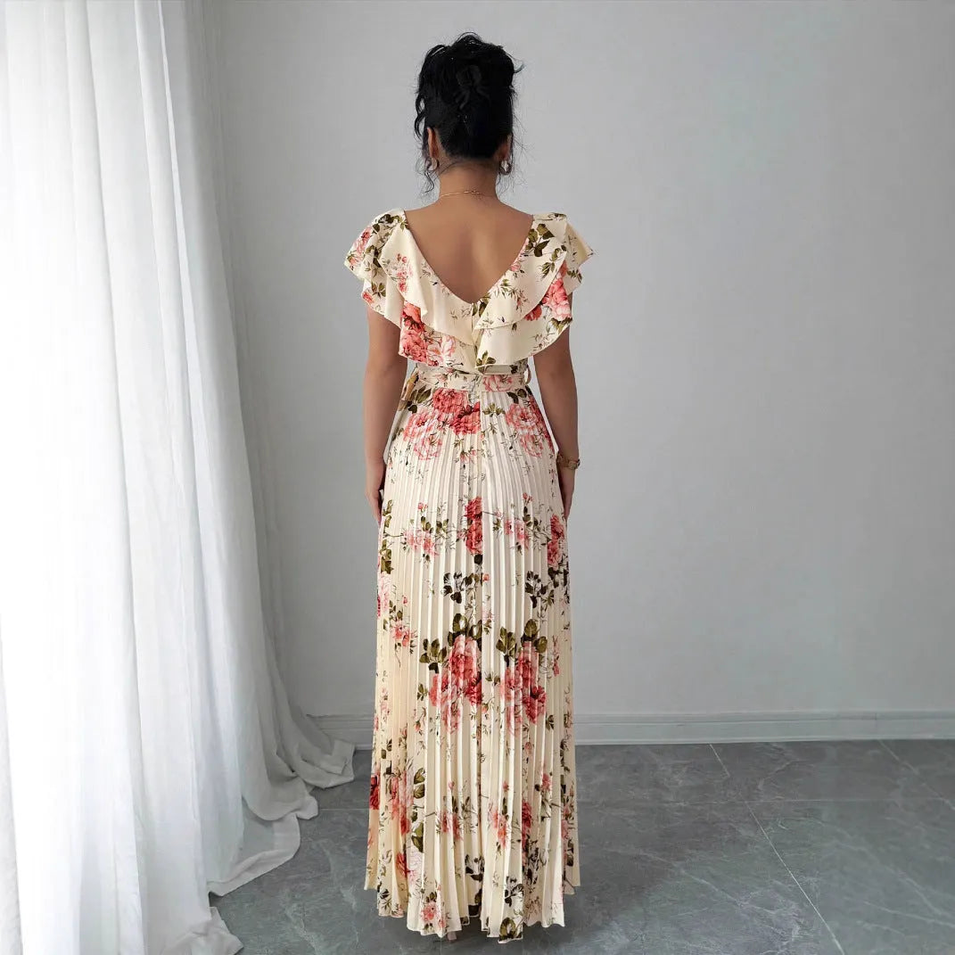 Apricot floral print V-neck dress with ruffled sleeves and oversized swing skirt