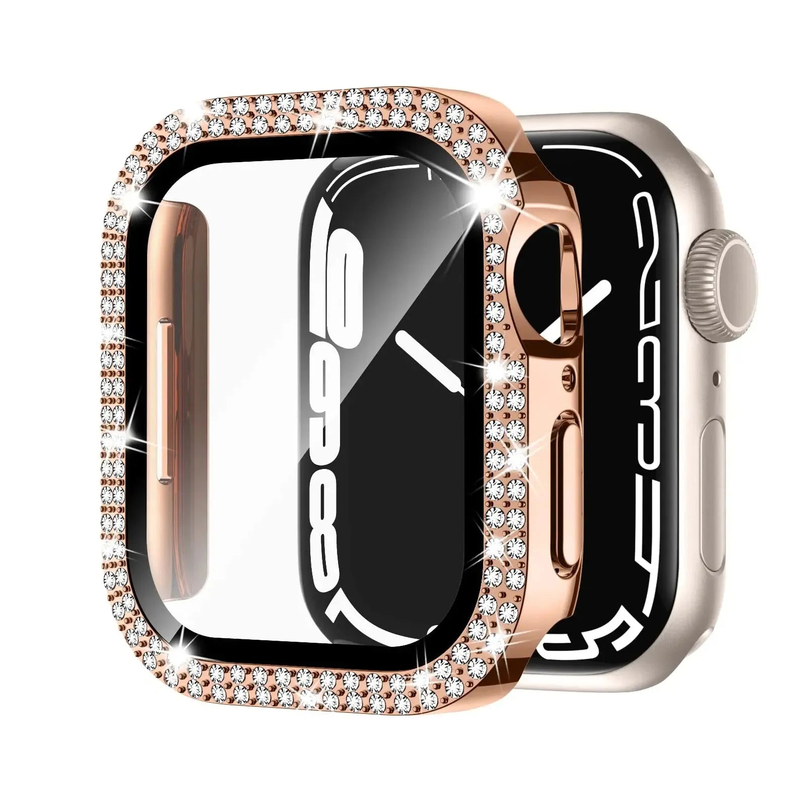 Double diamond glass peep-proof case for Apple Watch in rose pink, shown alongside gold and silver colour options.
