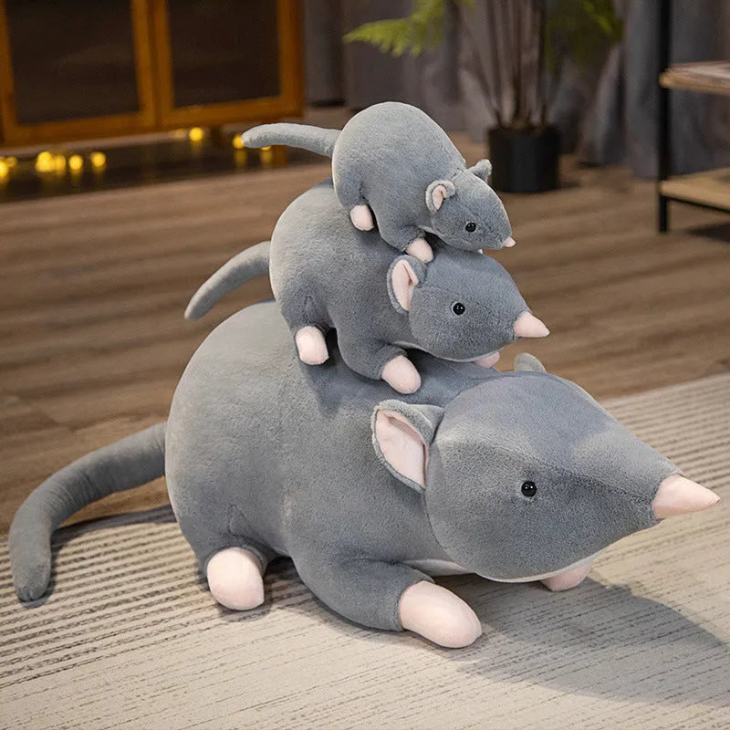 Cartoon mouse plush toy doll in grey, shown in three different sizes