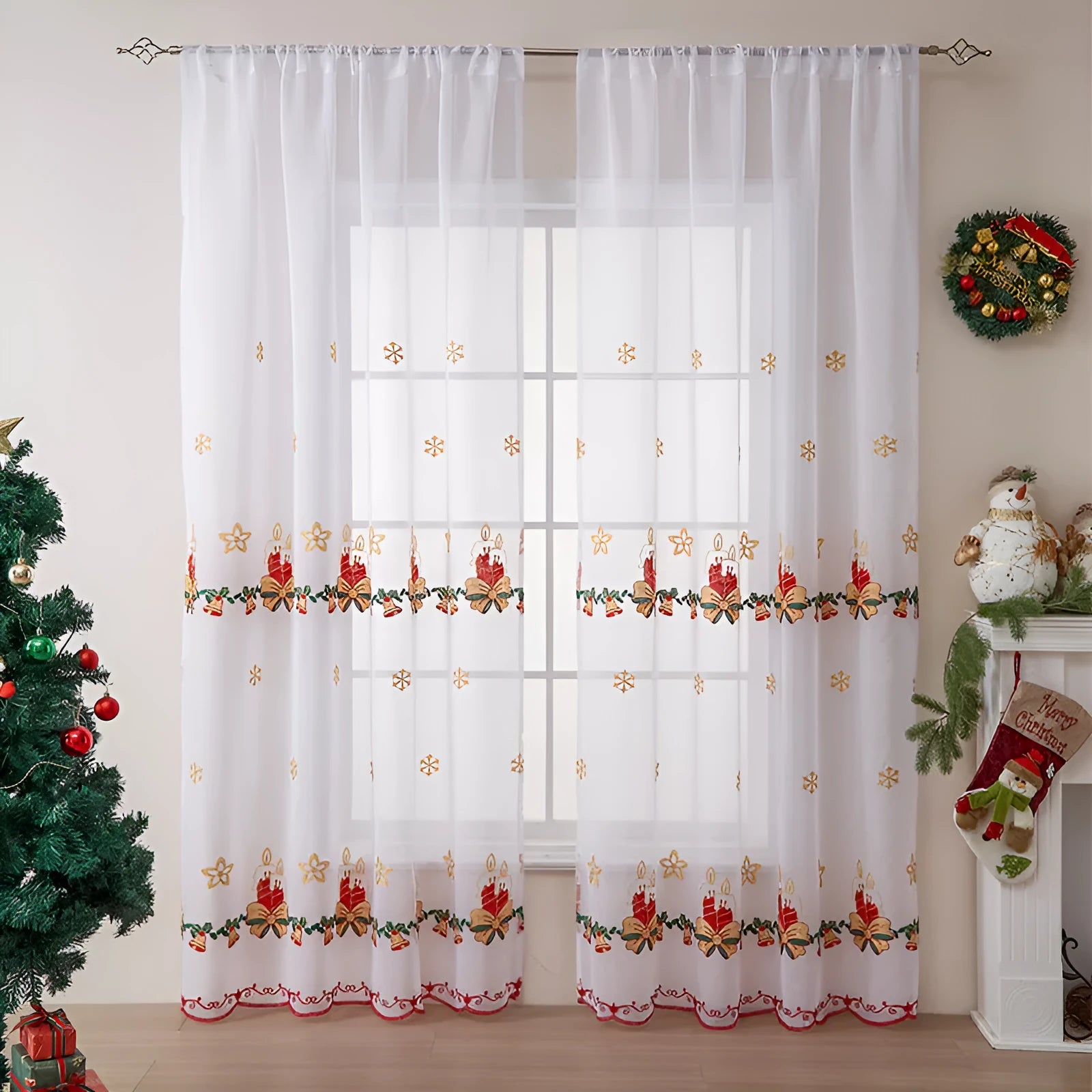 Pair of red and white Christmas curtains with embroidered snowflake pattern on polyester fabric