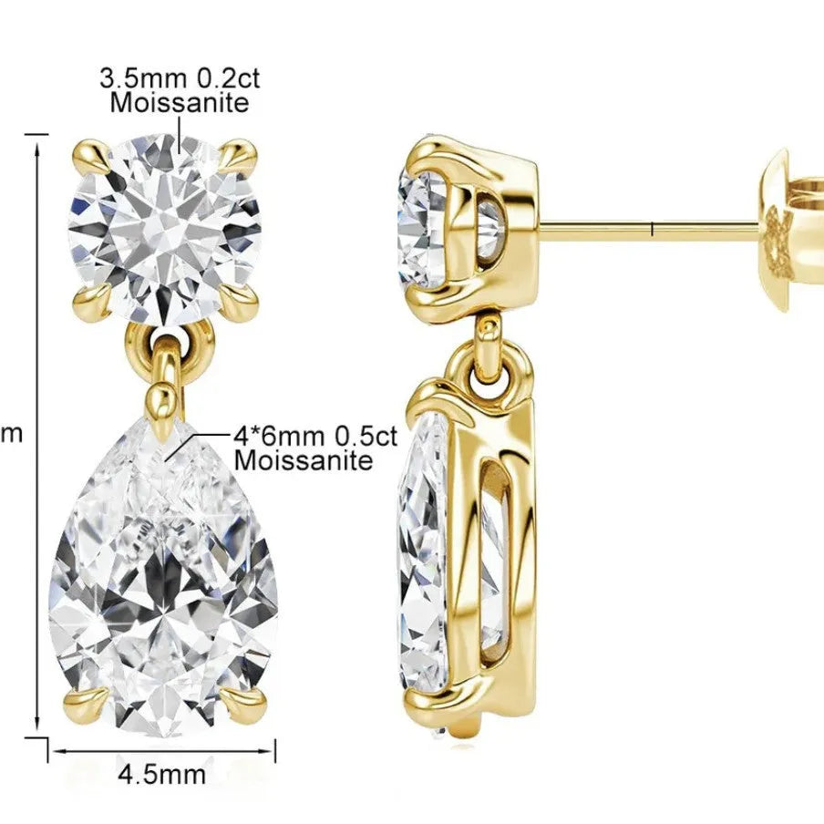 925 sterling silver moissanite stud earrings with round and water drop gemstones in gold or silver finish