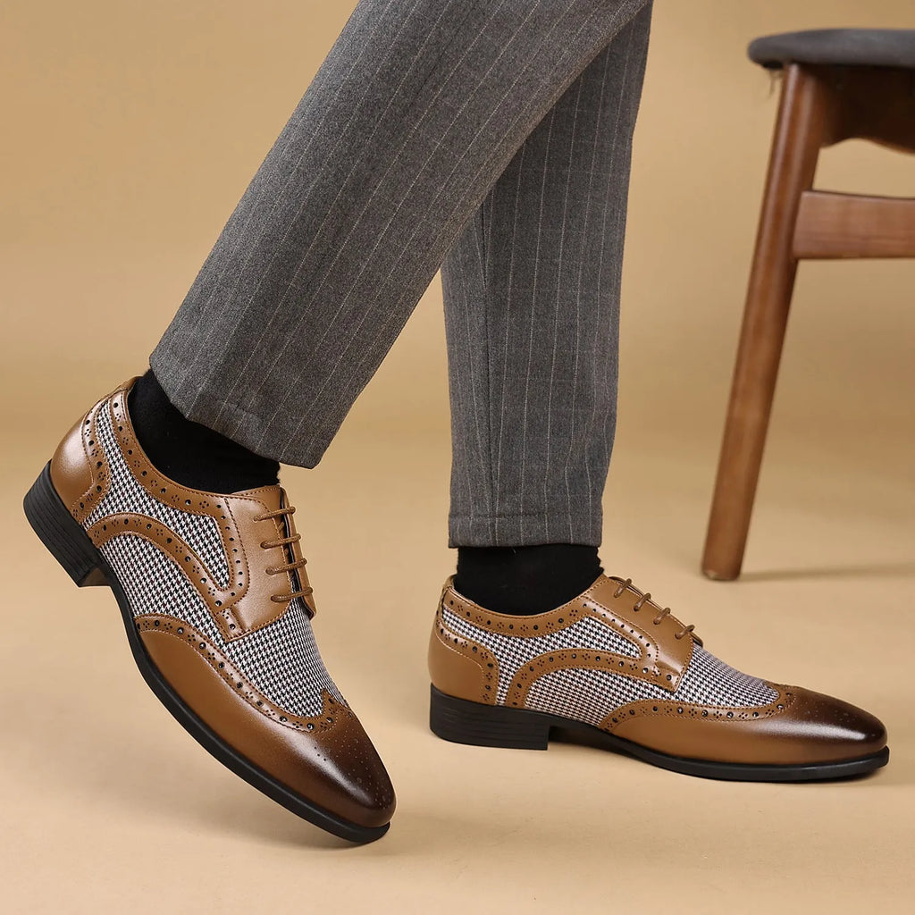 Men's black houndstooth pattern casual lace-up shoes with a rubber sole and square toe.