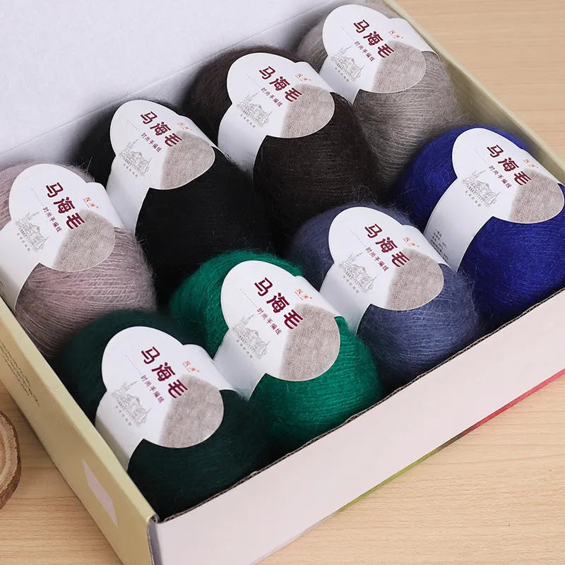 DIY mohair scarf kit with wool ball for hand-weaving projects in multiple colour options