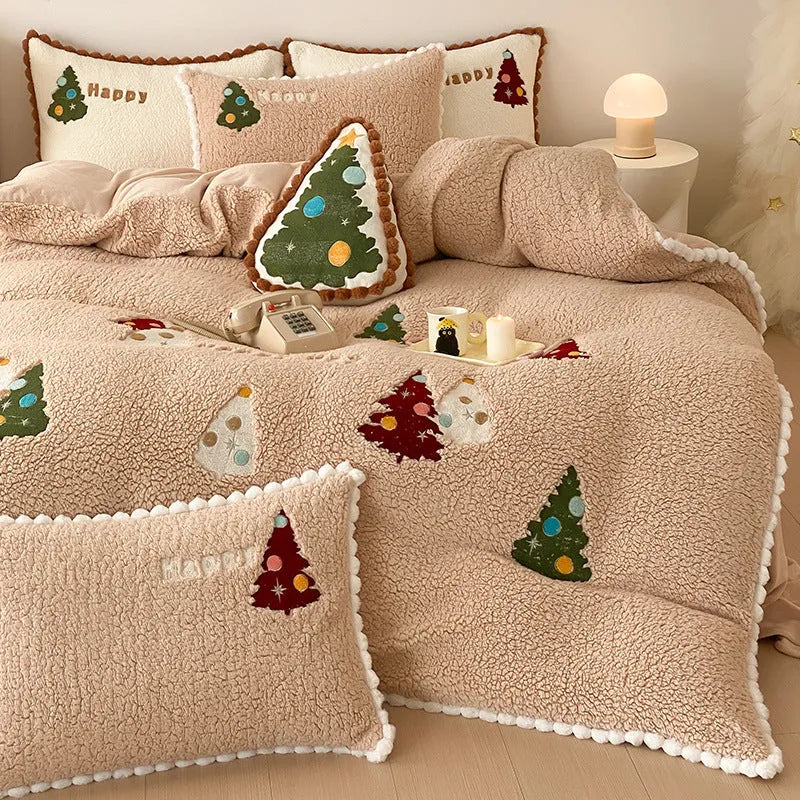 Bright yellow winter Christmas cartoon animation print on a fleece-lined four-piece bedding set