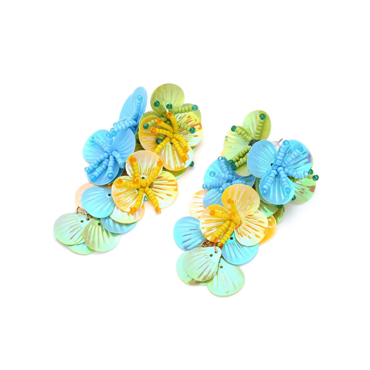 Handmade string bead flower earrings in exaggerated dopamine style with colourful floral designs