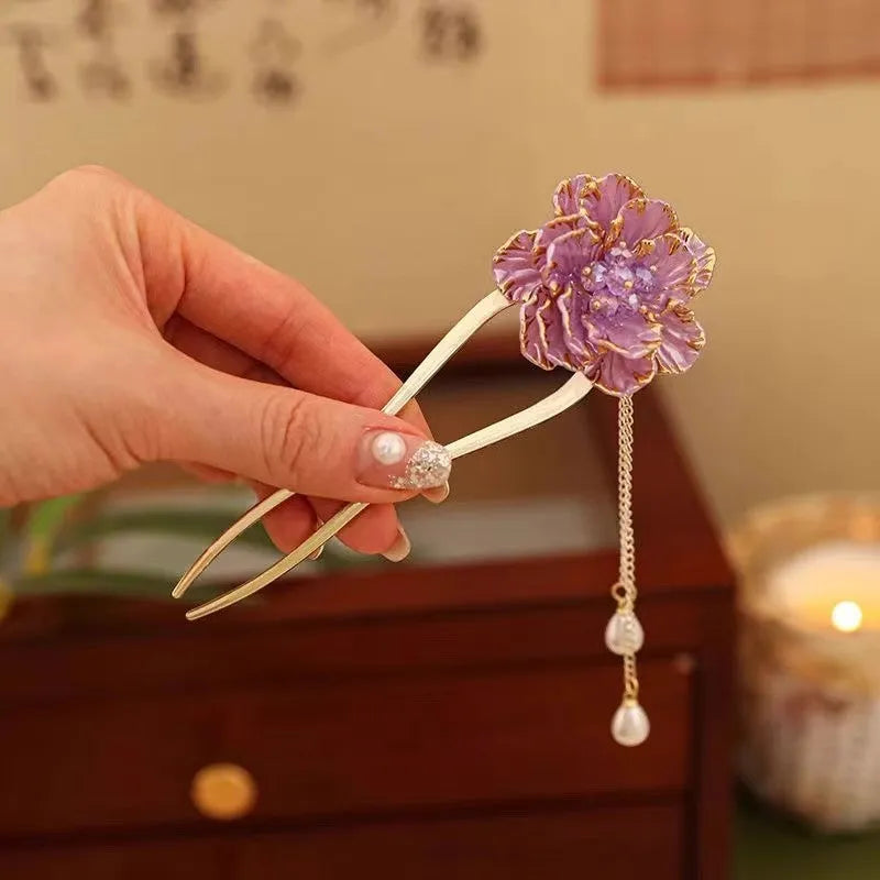 Purple and white peony flower tassel U-shaped hairpin, retro alloy barrette