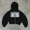 Unisex loose fit hoodie jacket with zipper closure in black, grey or pink polyester fabric