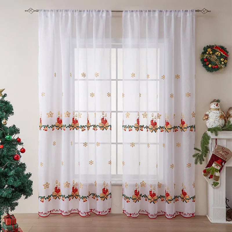 Pair of red and white Christmas curtains with embroidered snowflake pattern on polyester fabric