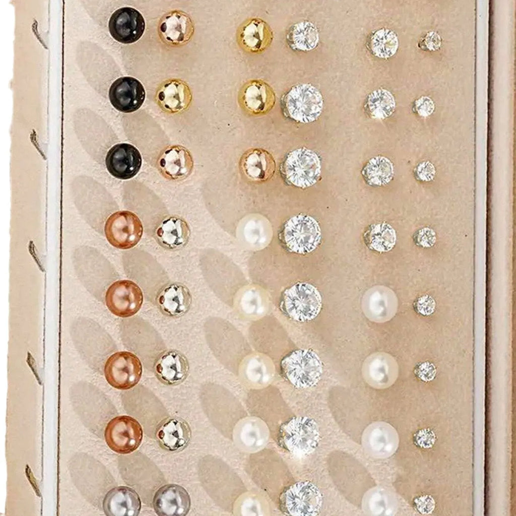 108 geometric pearl earrings with gold and yellow electroplated finishes on alloy construction