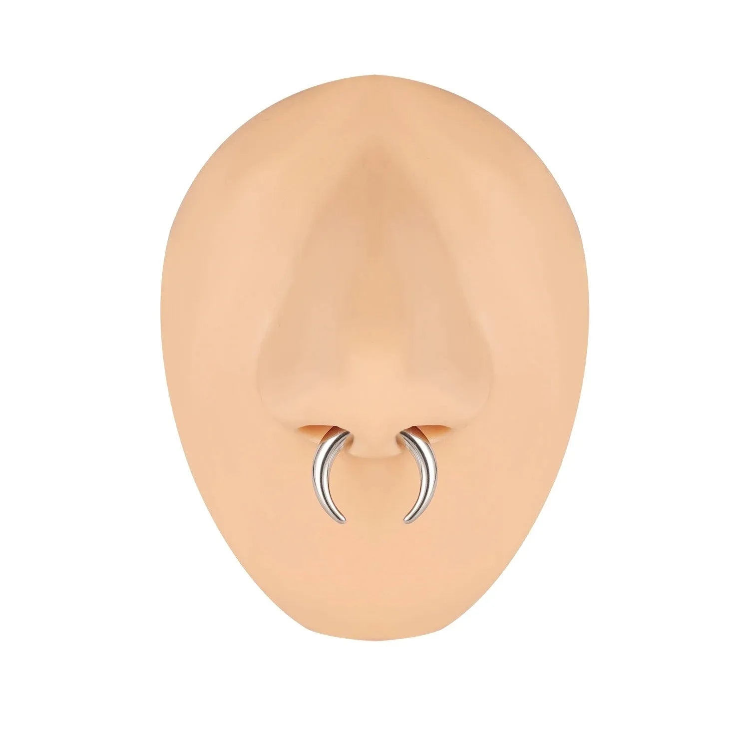 Black and steel coloured C-shaped nose ring with a buffalo horn centre on a grey background