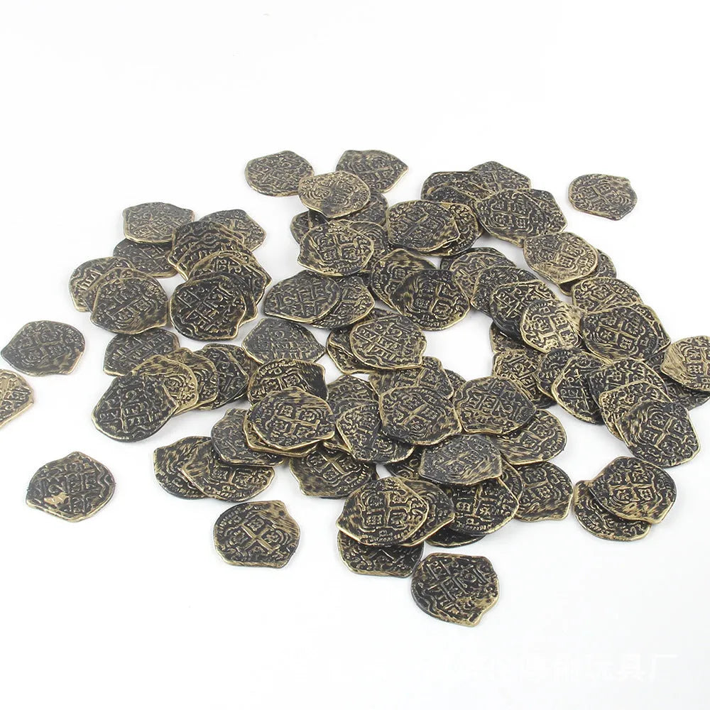 Doli set of 100 electroplated plastic Roman coin replicas in gold, silver, and bronze finishes for costumes and props