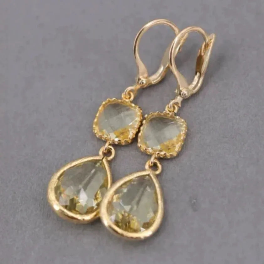 Gold geometric long fringe earrings with crystal droplets on electroplated copper