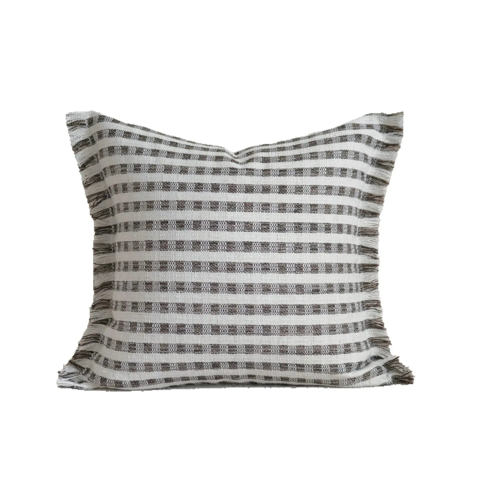 Coffee brown striped mid-ancient Chinese style decorative pillow cushion on a sofa.