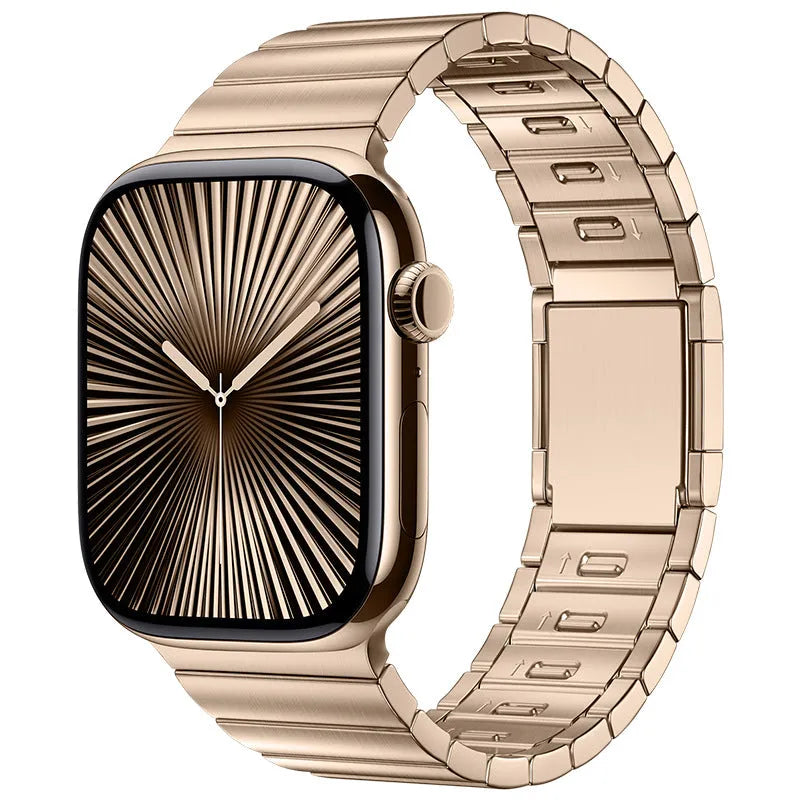 Stainless steel Apple Watch band with magnetic buckle in silver colour on a wrist