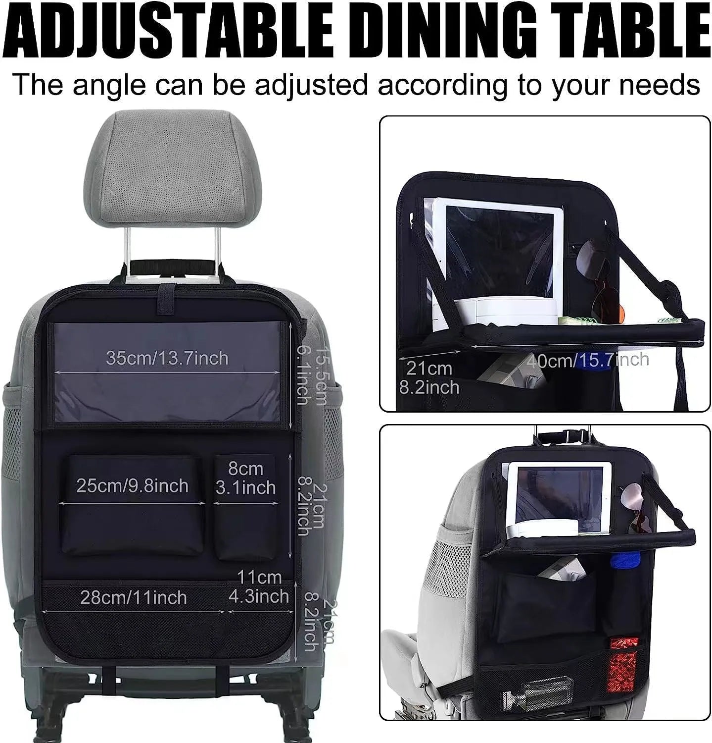Black oxford cloth car seat back storage bag with mesh pocket measuring 42x30cm