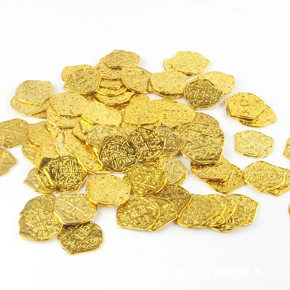 Doli set of 100 electroplated plastic Roman coin replicas in gold, silver, and bronze finishes for costumes and props