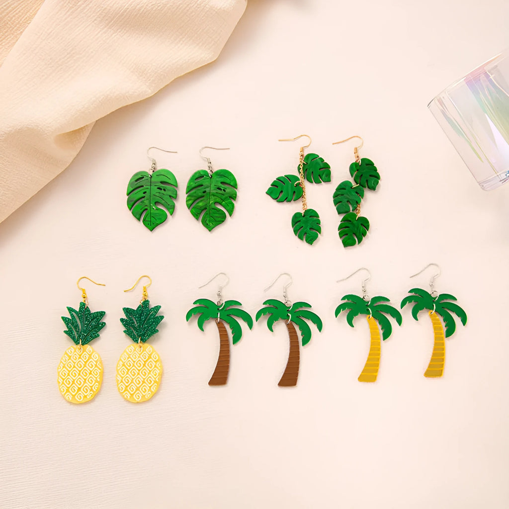 Pair of women's hook earrings with a green and yellow acrylic jackfruit drop decoration on a gold-toned alloy hook.
