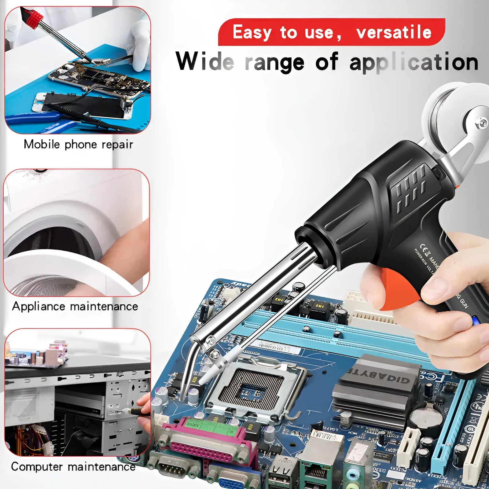 Black alloy soldering gun kit with light, showing 205mm by 170mm dimensions
