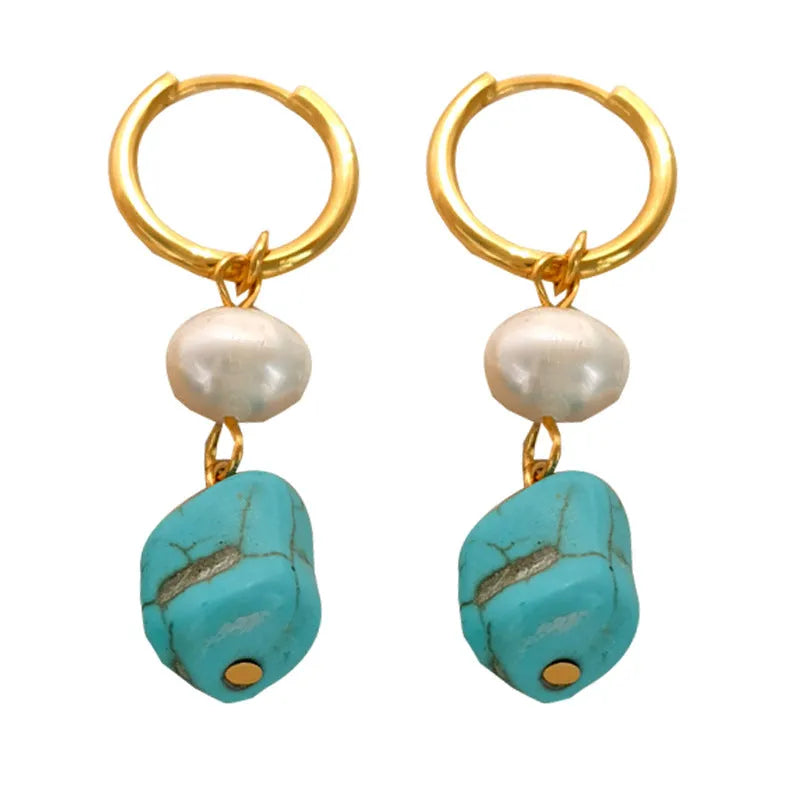 Geometric turquoise and cultured pearl ear clip set with irregular design in short and dangle styles
