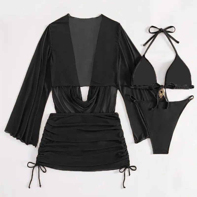 Dark brown women's lace-up bikini swimsuit set on a model, showing backless design