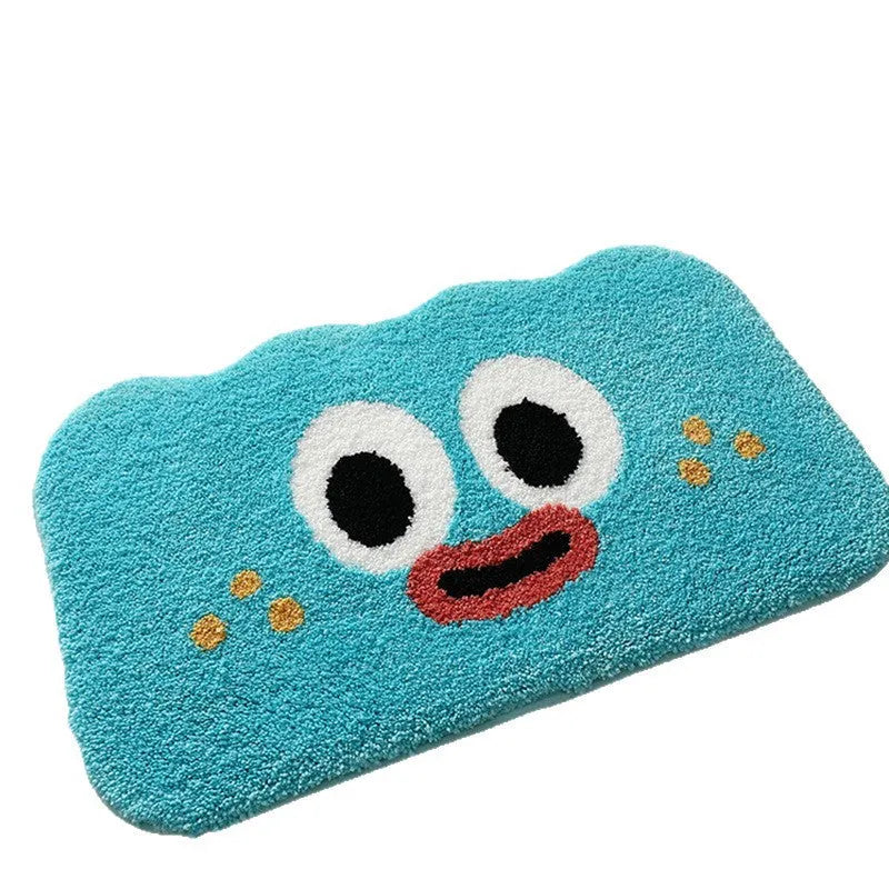 Colourful cartoon anime pattern on a soft, rectangular bathroom mat with a cashmere-like surface.