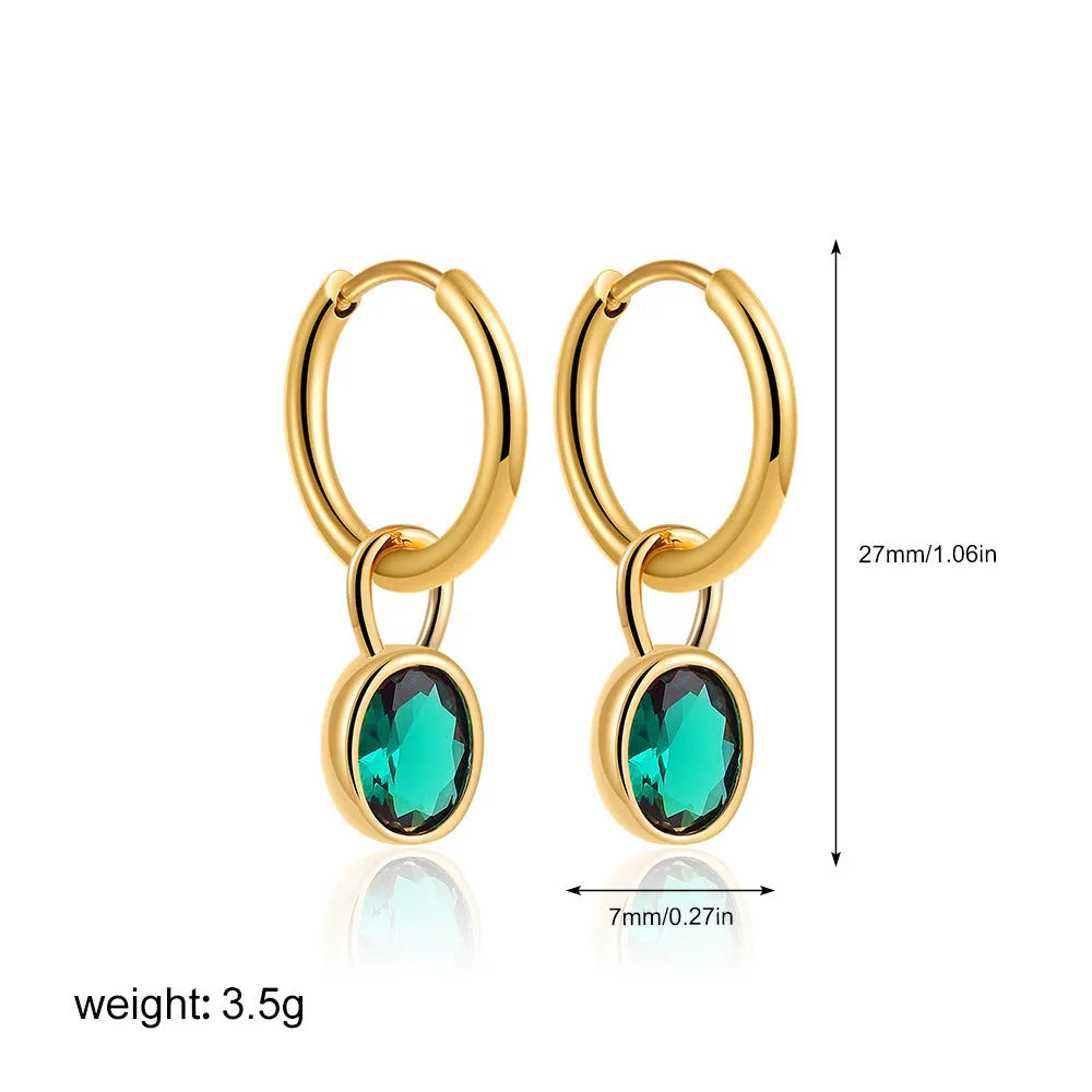 Women's retro oval zircon earrings in copper metal with ellipse design, shown in multiple colour options