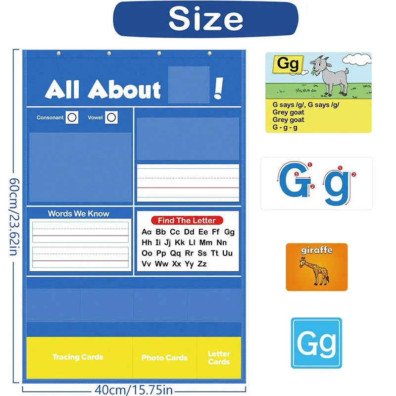 Alphabet learning chart with word cards, letter cards, and picture cards for children's education.