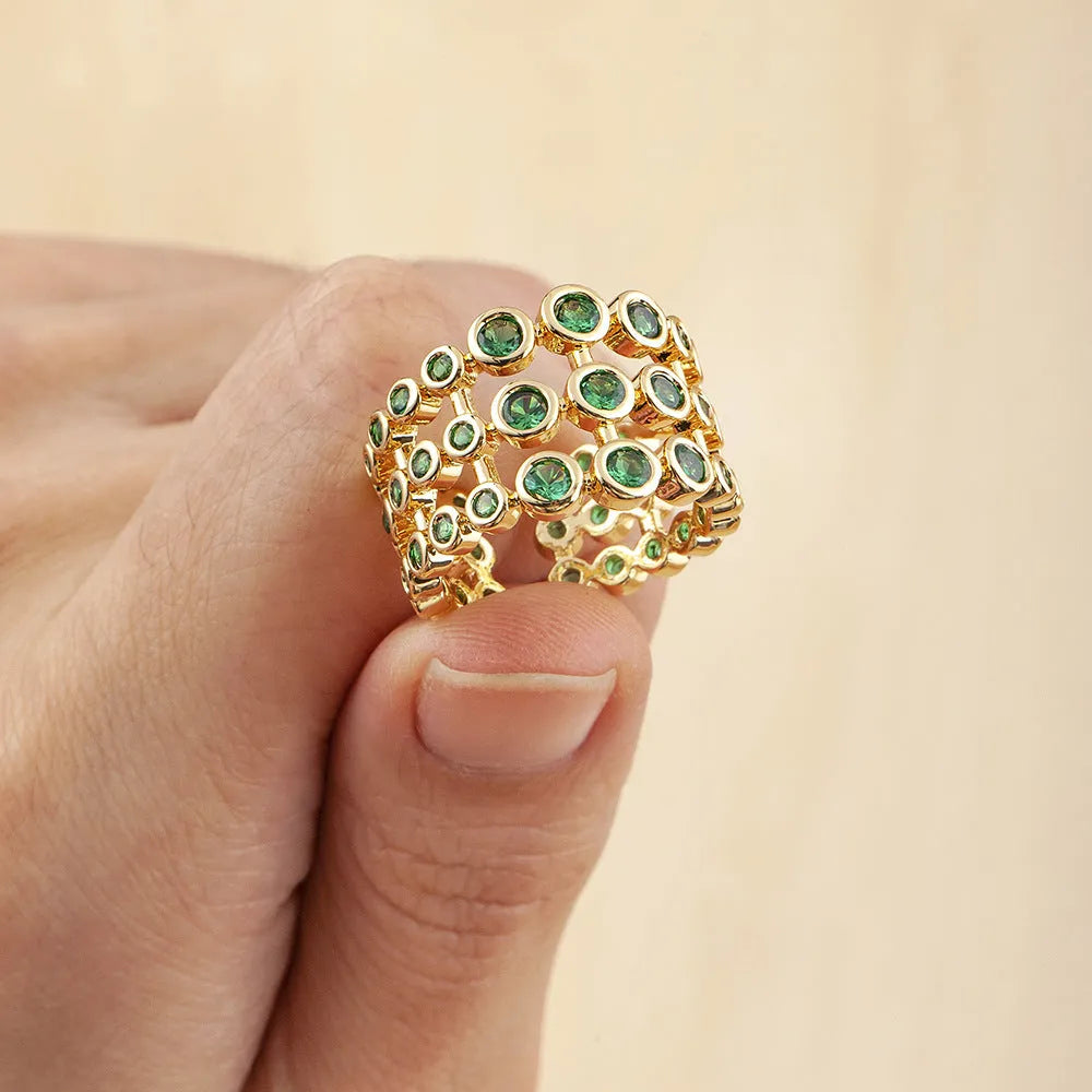 Wide band ring with three layers of green zircon stones and 18K gold plating