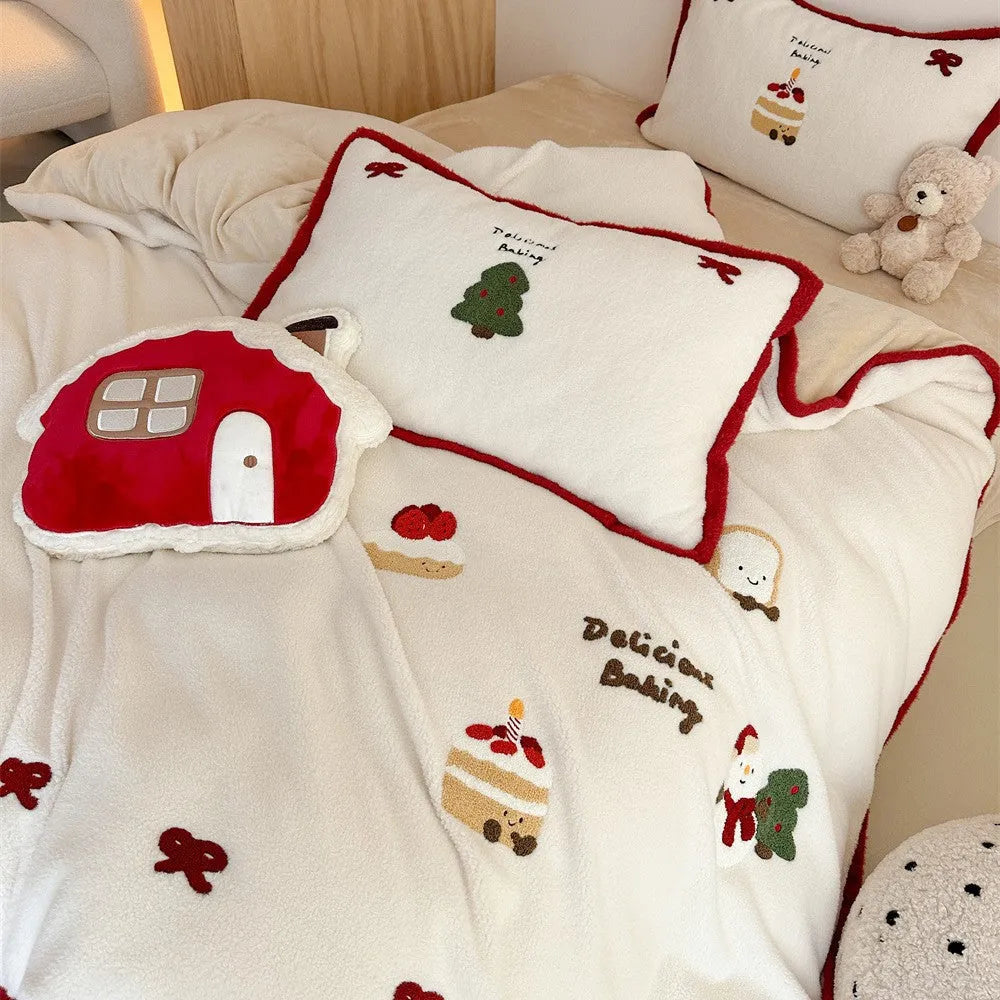 Girl's heart cartoon winter bedding four-piece set with Snow-Covered Pastry print on polyester fabric