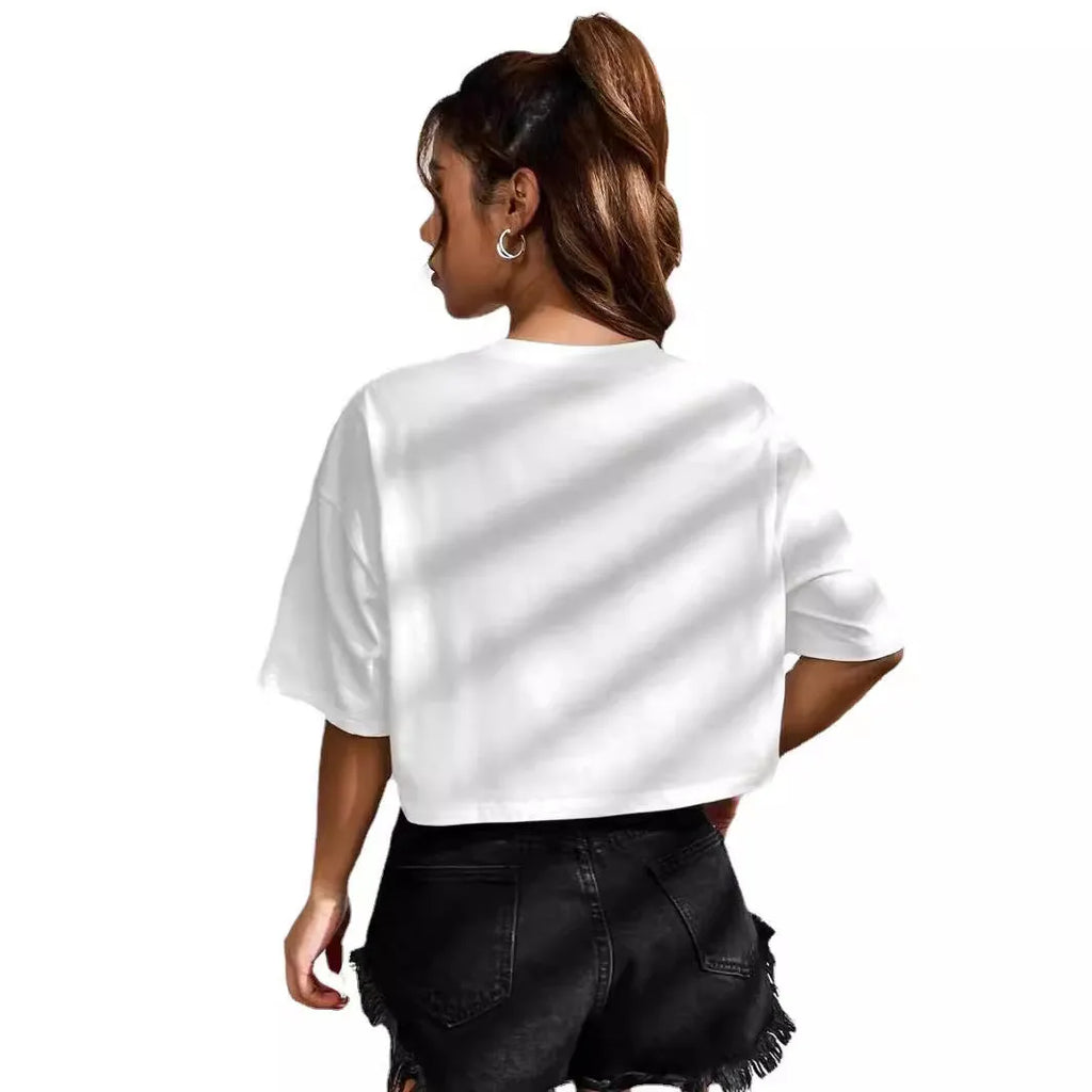 Cotton short sleeve t-shirt with exposed navel design and printed English letters in loose casual style
