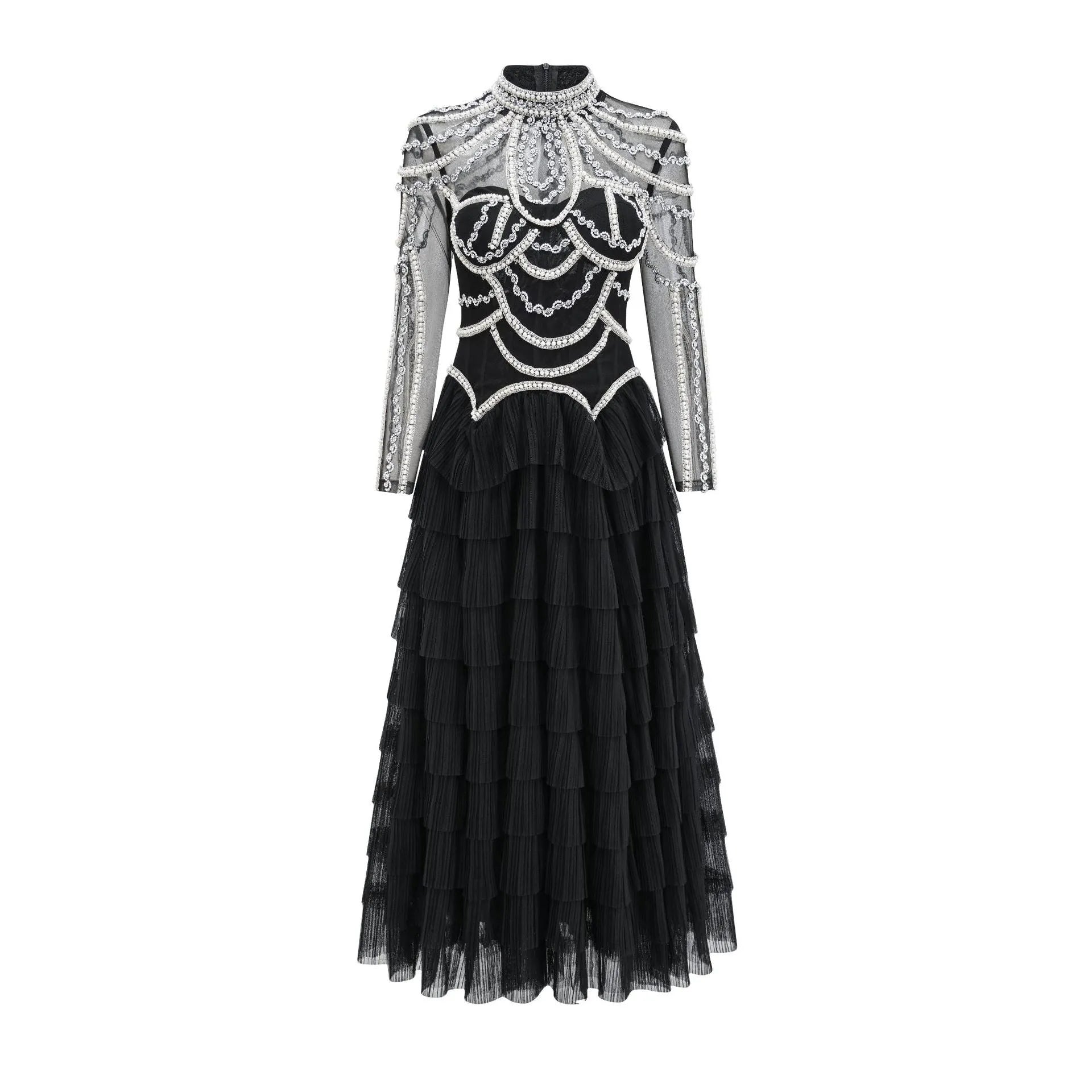 Women's long sleeve black beaded evening dress with a fitted mid waist.