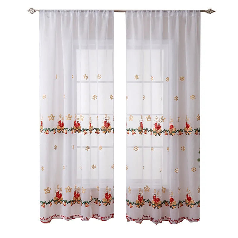 Pair of red and white Christmas curtains with embroidered snowflake pattern on polyester fabric