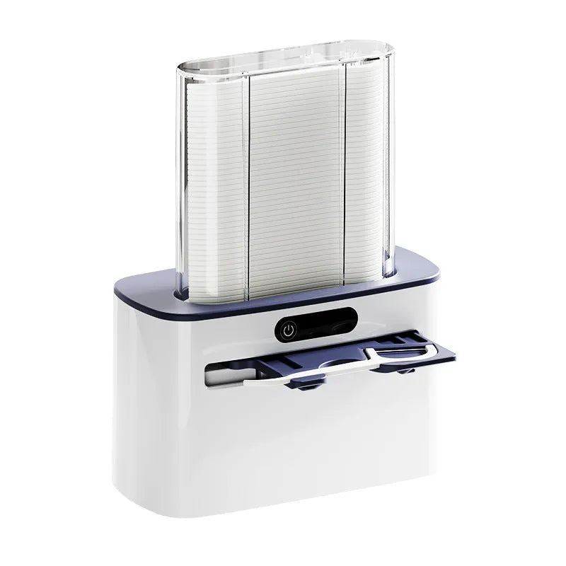 Intelligent induction automatic dental floss box in dark grey, light grey, or gold, showing floss pick dispensed.