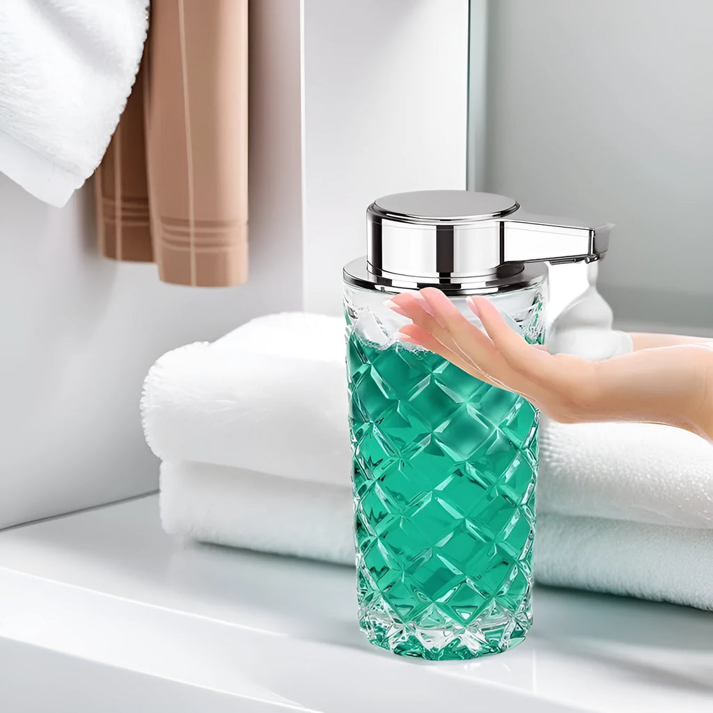 Automatic soap dispenser with silver finish and USB charging port