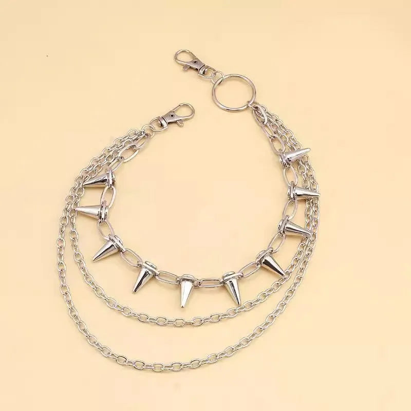 Silver double layer punk trousers chain with rivet detailing, 115cm length