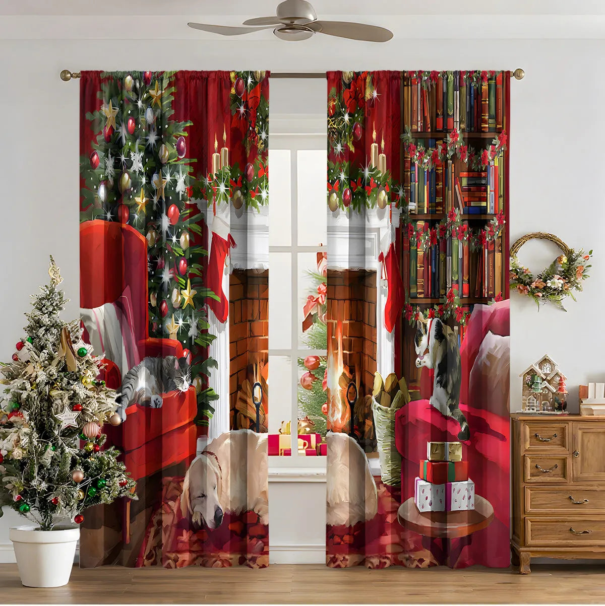 3D digital printed Christmas pattern on polyester curtain hanging in a window