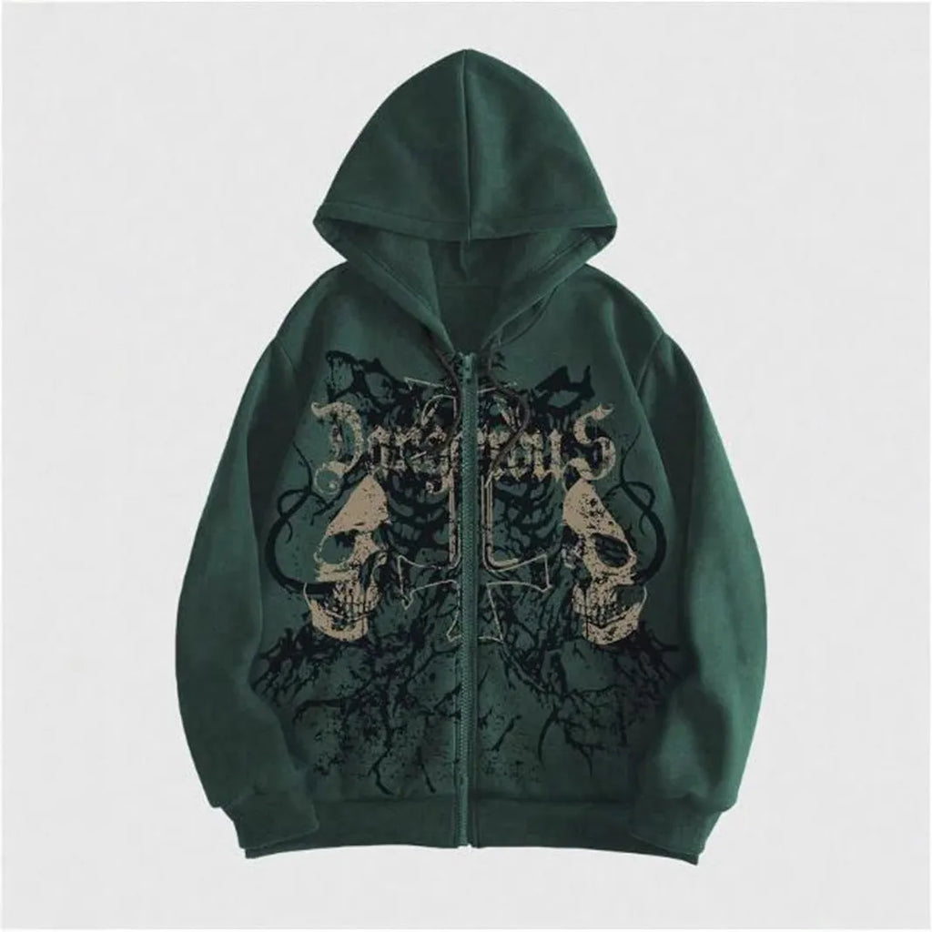 Man wearing a black hooded sweatshirt with a large green skull graphic print on the front.