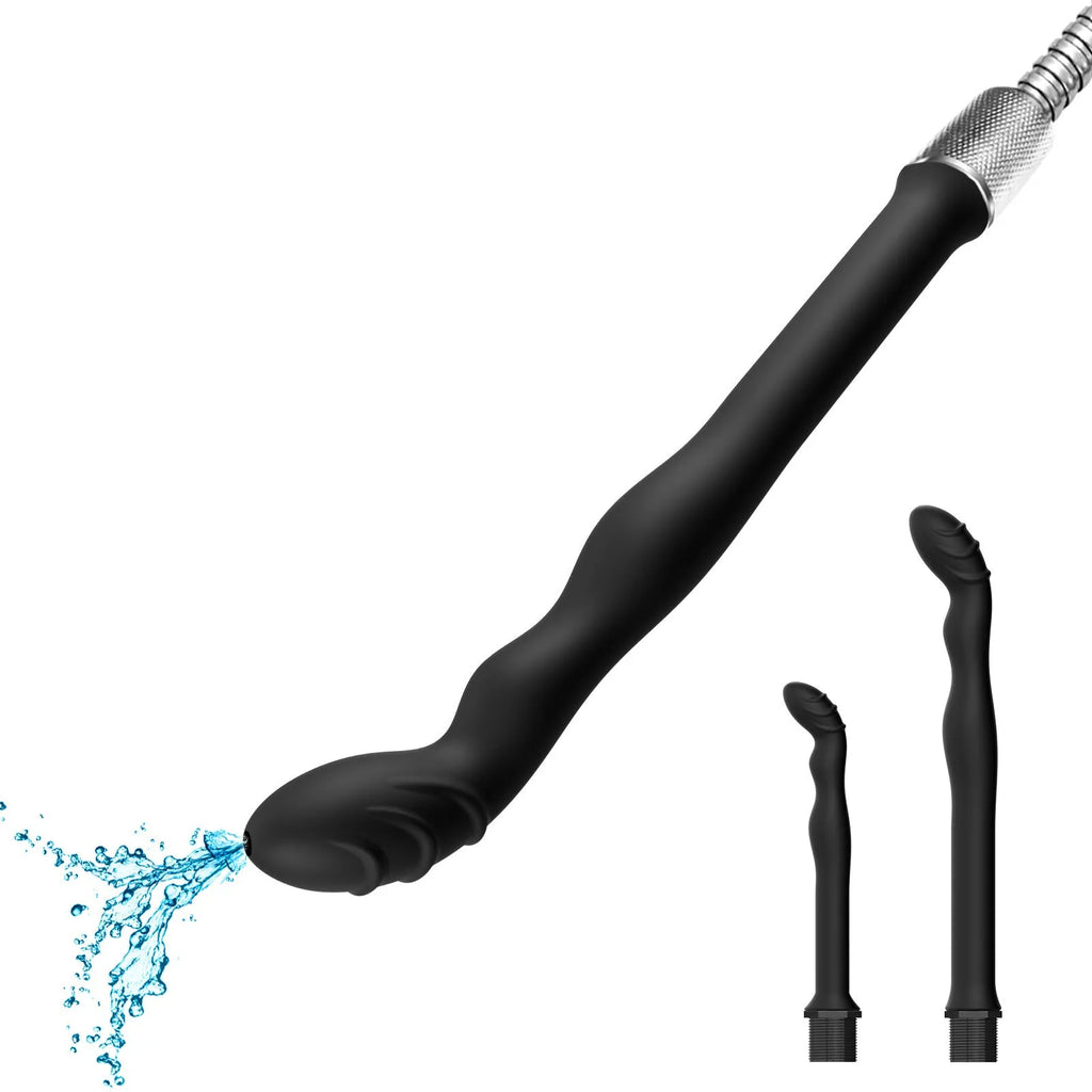 Black silicone hosepipe flusher or enema for pet care and cleaning.