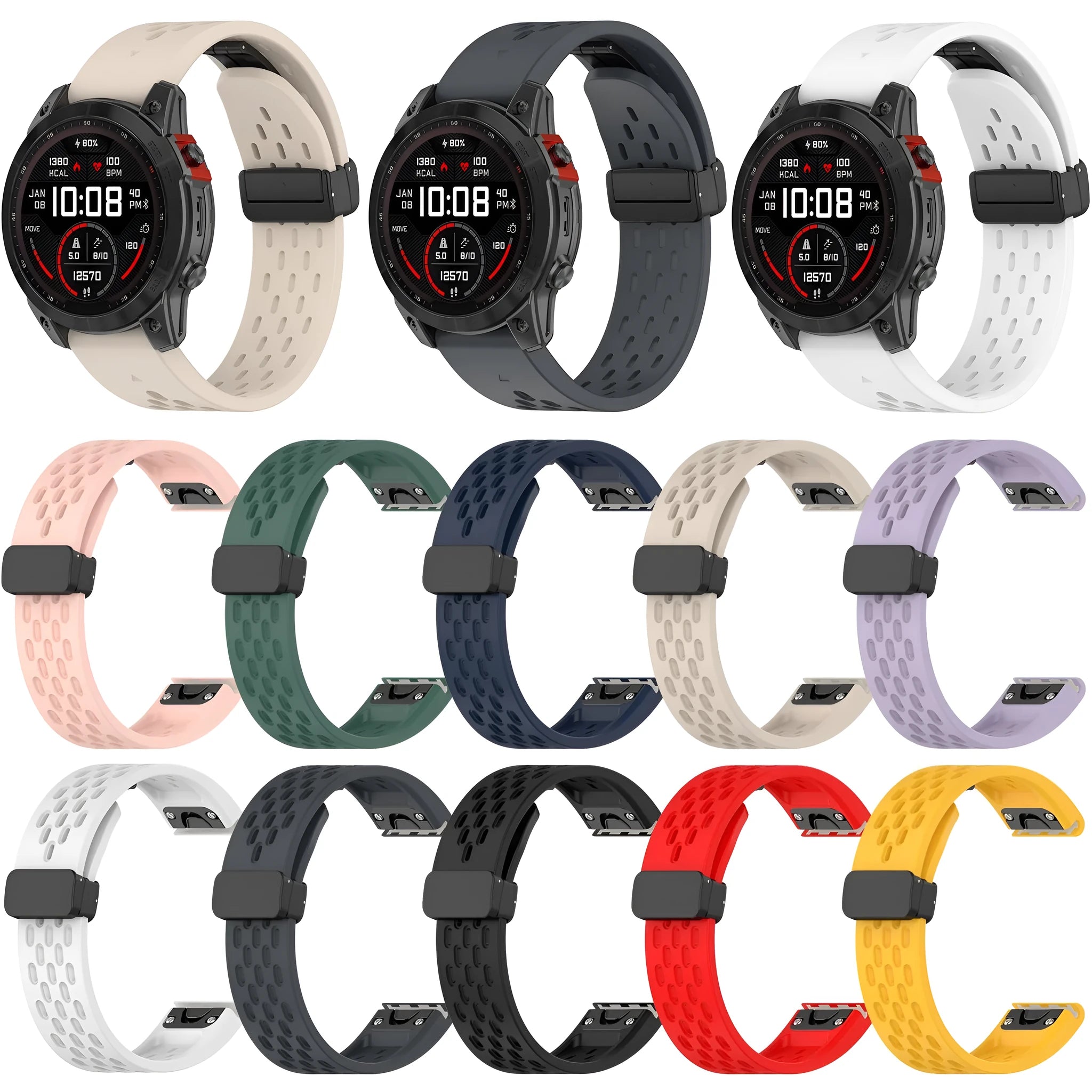 Garmin Fenix quick release watch strap in multiple colours showing quick release lugs and fitting tool.