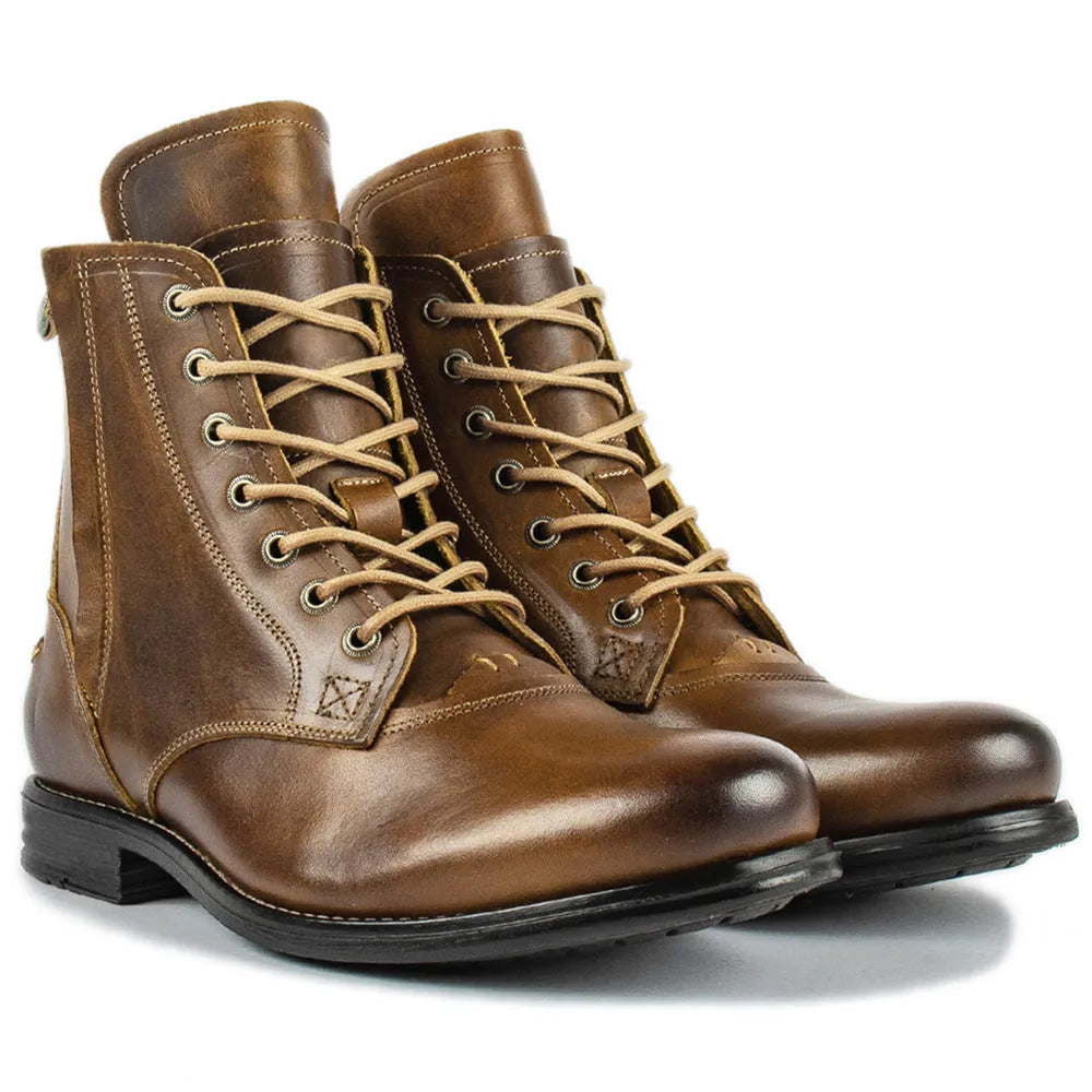 Knight Series brown leather boots with side zipper on a white background