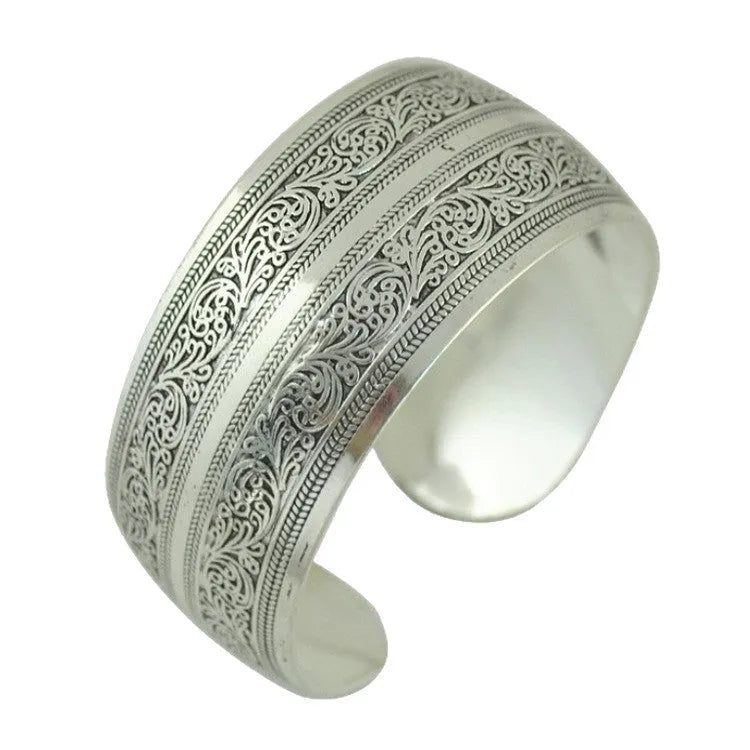 Ethnic Miao silver carved openwork bracelet with Roman shape in turtle colour