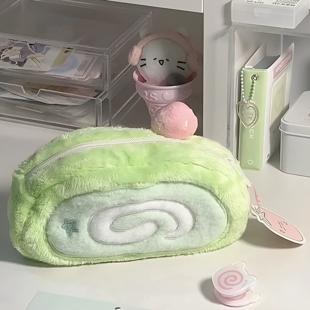 Velvet Swiss roll cake design pencil case in roll-style Korean stationery storage