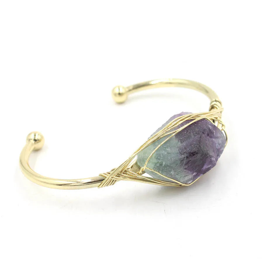 Natural raw gemstone winding crystal bracelet showing simple opening design and amorphous 8mm shape