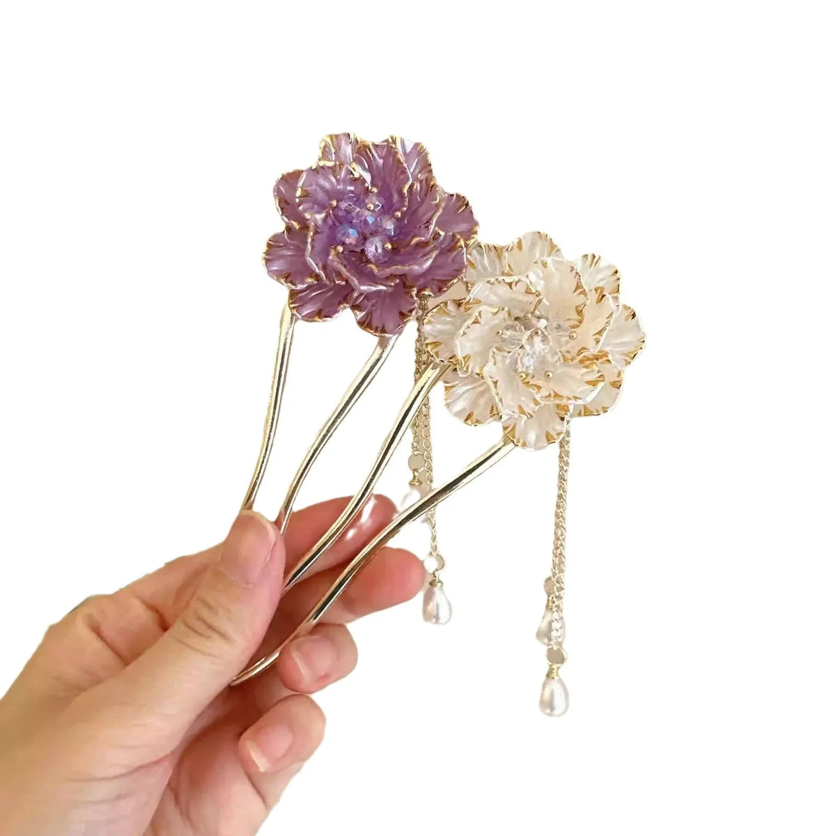 Purple and white peony flower tassel U-shaped hairpin, retro alloy barrette